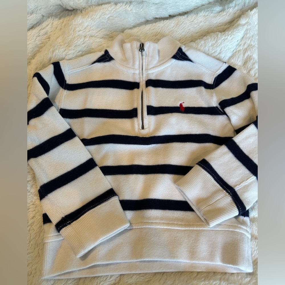 Boys size 4, Polo Ralph Lauren Navy and White Striped Zip-Up Sweater